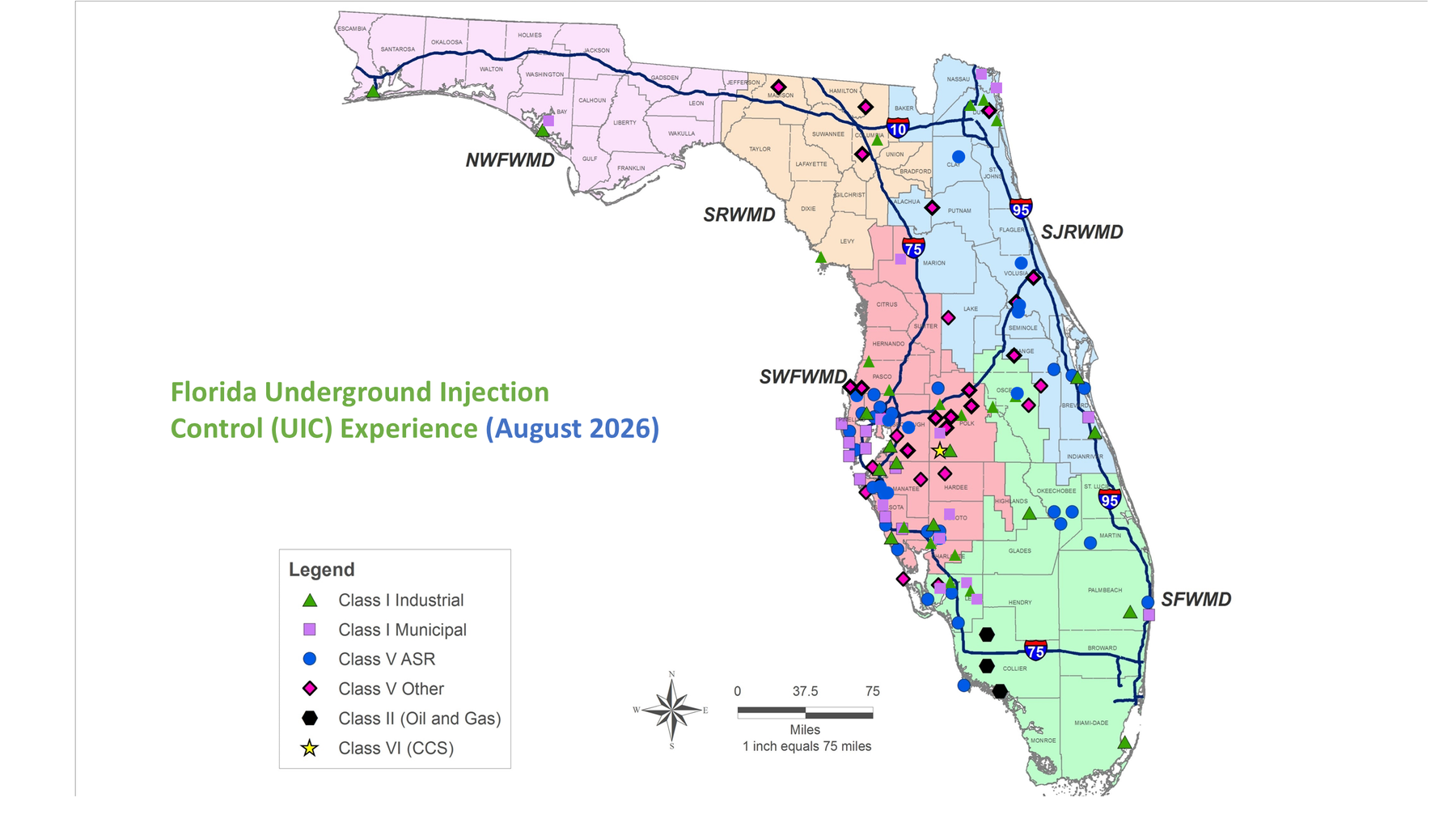 Map of Florida showing ASRus's underground injection control experience by well class and water management district, August 2026