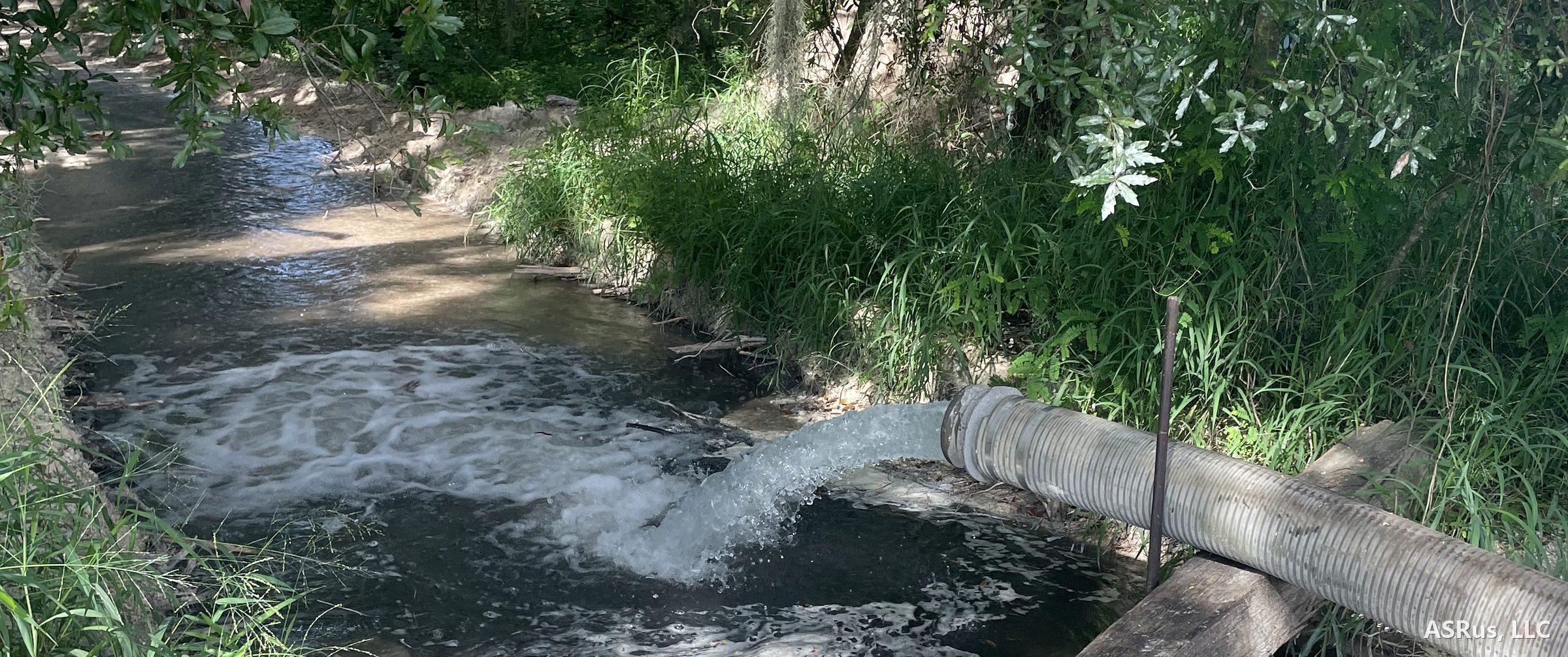 Pump-test discharge water returning to a wooded creek at the Pollard Road supply well site