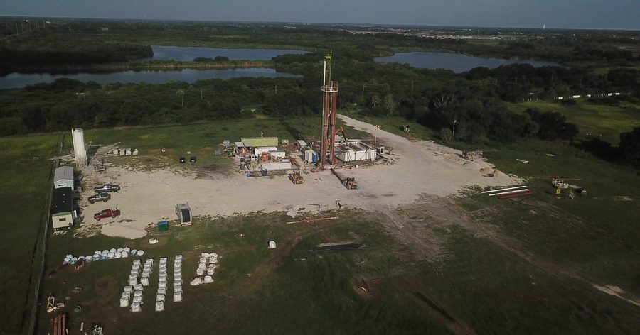 Aerial view of the Piney Point injection well site, drill rig standing on the pad
