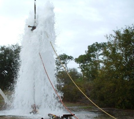 Water surging from a well during development